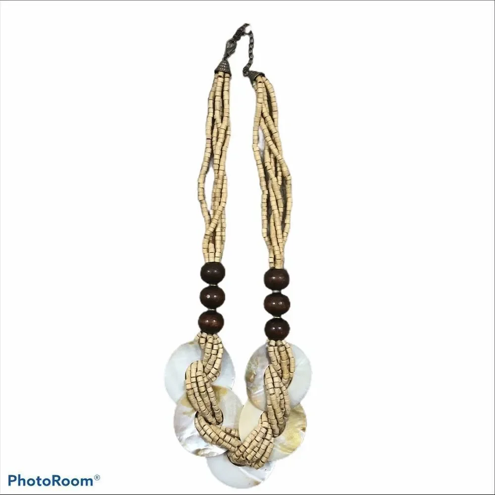 Natural Wooden and Shell Bead‎ Necklace 25” Long